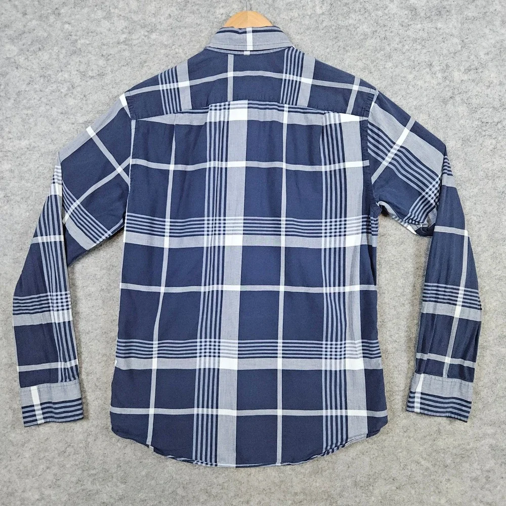 J Crew Summer Plaid Shirt Men's Size S Button Down Cotton Blue White Casual HOLE